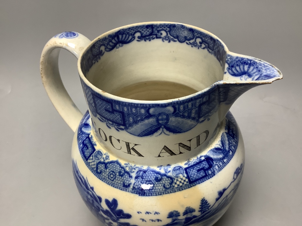 A pearlware ‘Pocock and Allen 1802’ blue and white jug, height 20.5cm